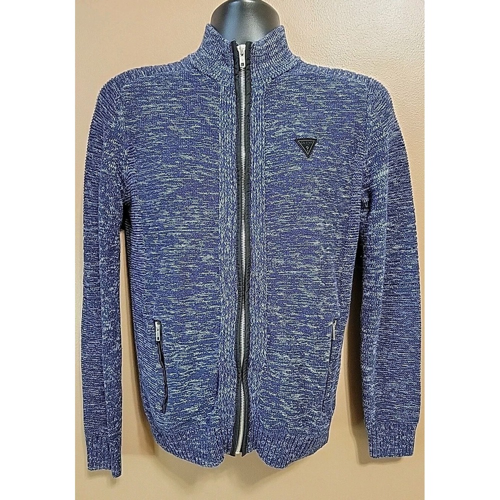 Guess Full Zip Long Sleeve Zip Pocket Sweater Blue 💙/White 🤍 Men's | Small